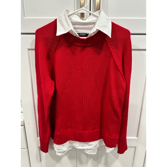 Lauren Ralph Lauren Red Cotton Blend Sweater with White Collar Layered M - Picture 1 of 5